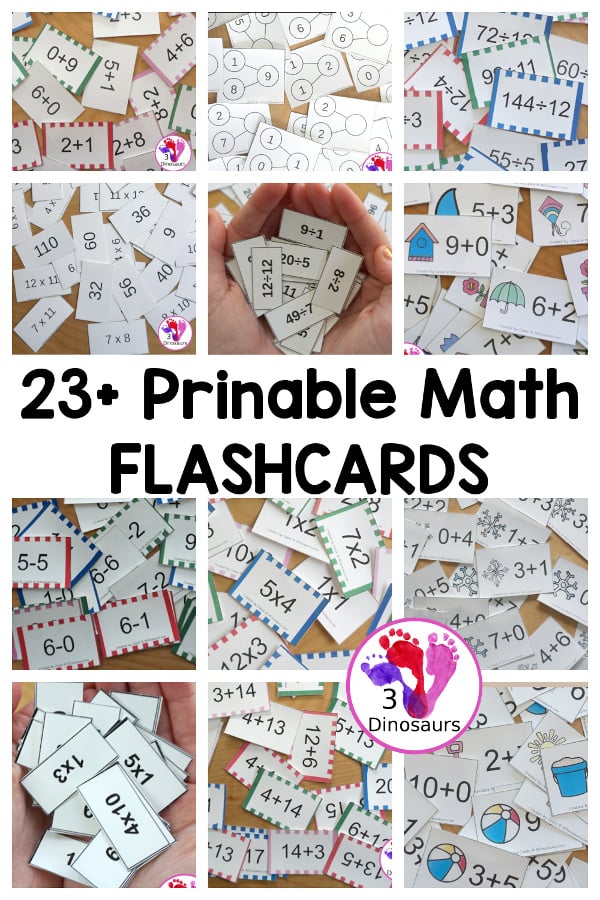 23+ Printable Math Flashcards - with different math flashcards for addition, subtraction, multiplication. and division with different sizes and a mix of types of flashcards - 3Dinosaurs.com