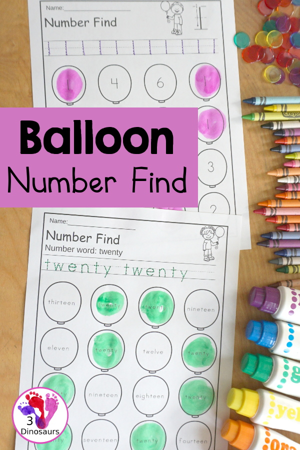  Balloon Number Find Printable  with numbers 0 to 20 with numerical number and number word for kids to trace and then find on the balloons. - 3Dinosaurs.com