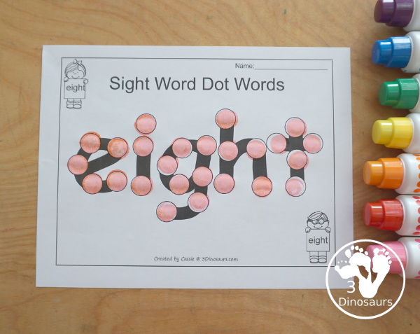 Free Romping & Roaring Third Grade Sight Words Packs Set 3: Drink, Eight, Fall, Far - 6 pages of activities for each third Grade sight words: drink, eight, fall, and far. These are great for easy to use learning centers - 3Dinosaurs.com