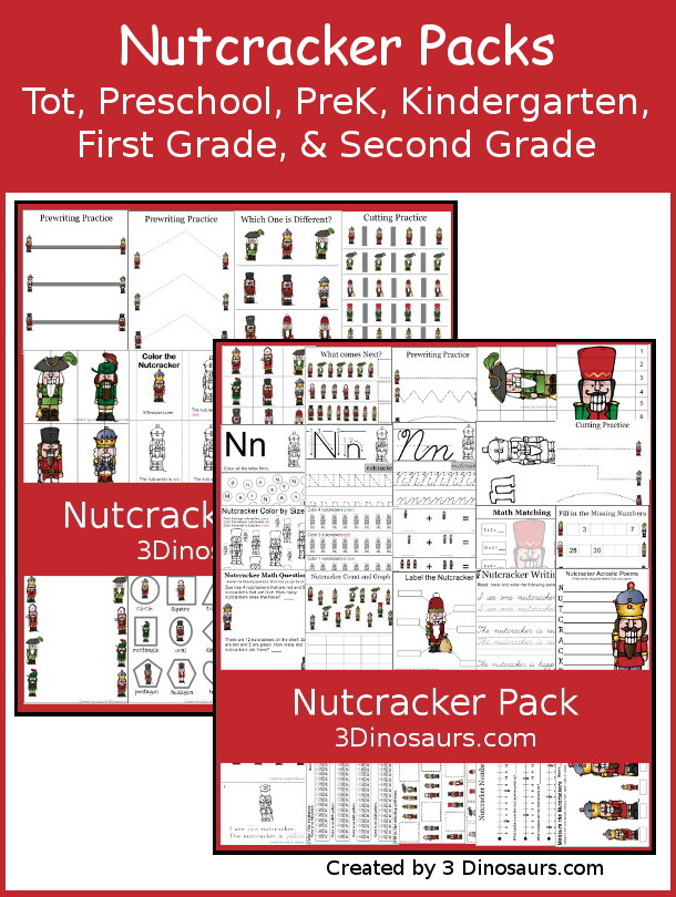 Free Nutcracker Pack - a fun collection of printables that you can use with kids in Tot, Preschool, Prek, Kindergarten, First Grade, and Second Grade. You will see a mix of print, cursive, hands-on activities and no-prep printables in the pack. - 3Dinosaurs.com