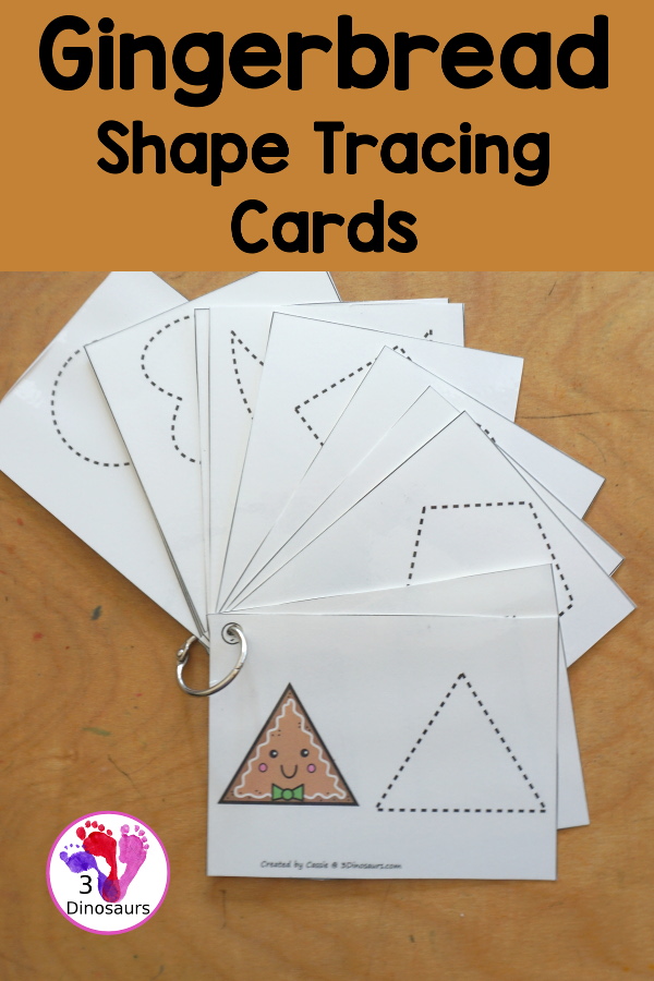 Free Gingerbread Shape Tracing Card Printable - has 12 shapes for kids to trace. You have a picture of the gingerbread man face with the shape, and then a shape to trace. 3Dinosaurs.com