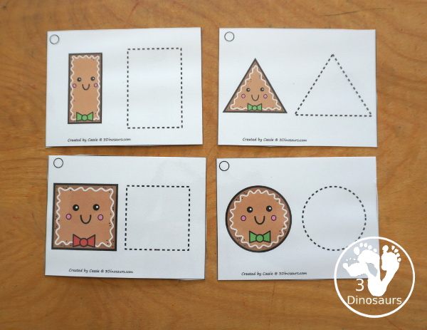 Free Gingerbread Shape Tracing Card Printable - has 12 shapes for kids to trace. You have a picture of the gingerbread man face with the shape, and then a shape to trace. 3Dinosaurs.com