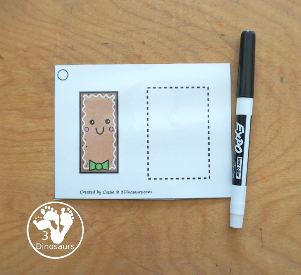 Free Gingerbread Shape Tracing Card Printable - has 12 shapes for kids to trace. You have a picture of the gingerbread man face with the shape, and then a shape to trace. 3Dinosaurs.com
