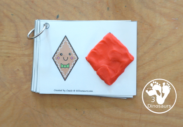 Free Gingerbread Shape Tracing Card Printable - has 12 shapes for kids to trace. You have a picture of the gingerbread man face with the shape, and then a shape to trace. 3Dinosaurs.com