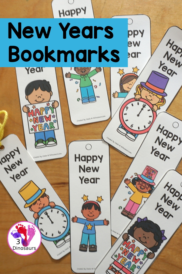 Free Happy New Year Bookmark Printables – 3 Dinosaurs