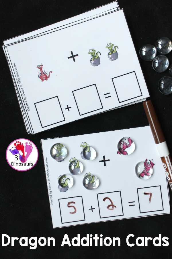 Free Roaring Fun Medieval Dragon Themed Addition Cards - 16 addition write on cards for kids to learn with - 3Dinosaurs.com
