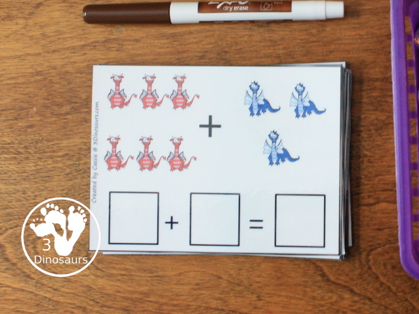 Free Roaring Fun Medieval Dragon Themed Addition Cards - 16 addition write on cards for kids to learn with - 3Dinosaurs.com