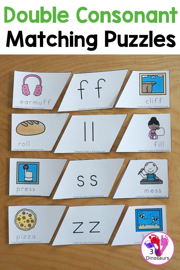 Free Double Consonant Puzzle Printable with double consonants ff, ll, ss, and zz with three piece puzzles for matching pictures and words for the double consonant letters in the middle of the puzzle - 3Dinosaurs.com
