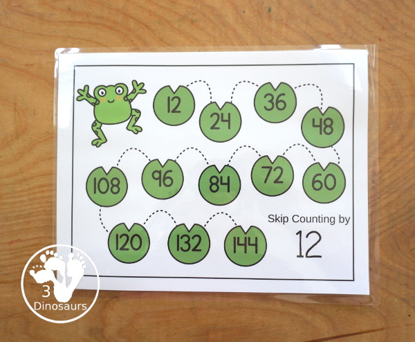 Frog Skip Counting Mat Printables - has two sets of skip counting mats with numbers 1 to 12. You skip count from lily pad to lily pad with fill out and missing skip counting. A great frogs skip counting theme for kids - 3Dinosaurs.com