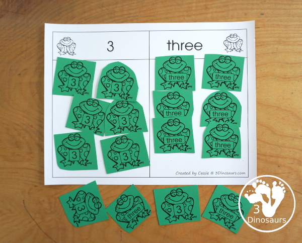 Free Romping and Roaring Number 3 Pack - with number 3 worksheets, number 3 puzzles, number 3 handwriting, number 3 dot marker worksheets and more for PreK and kindergarten age kids with a frog theme. - 3Dinosaurs.com