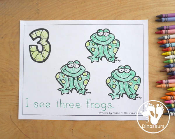 Free Romping and Roaring Number 3 Pack - with number 3 worksheets, number 3 puzzles, number 3 handwriting, number 3 dot marker worksheets and more for PreK and kindergarten age kids with a frog theme. - 3Dinosaurs.com