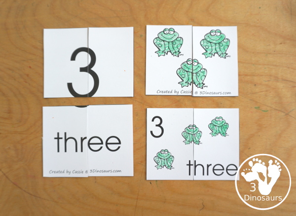 Free Romping and Roaring Number 3 Pack - with number 3 worksheets, number 3 puzzles, number 3 handwriting, number 3 dot marker worksheets and more for PreK and kindergarten age kids with a frog theme. - 3Dinosaurs.com