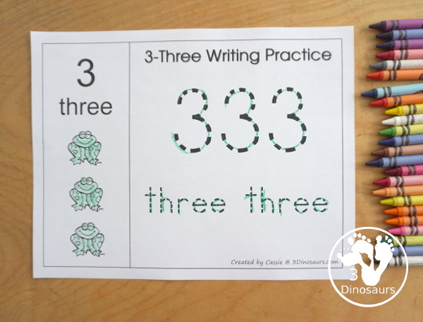 Free Romping and Roaring Number 3 Pack - with number 3 worksheets, number 3 puzzles, number 3 handwriting, number 3 dot marker worksheets and more for PreK and kindergarten age kids with a frog theme. - 3Dinosaurs.com