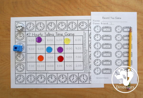 Free Hourly Telling Time Game Printables - two telling time games with analog clocks on the outside of the game and digital time and telling time words for the two game options with recording sheets - 3Dinosaurs.com