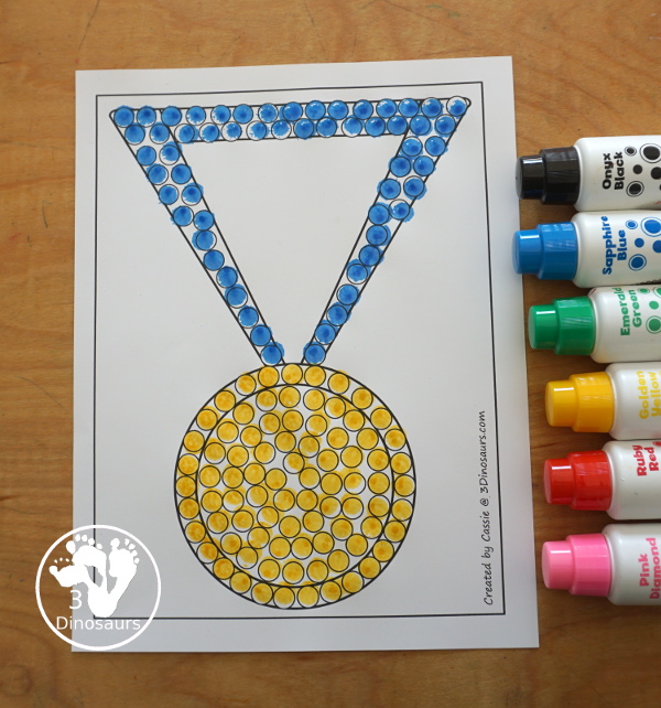 Free Medal Fine Motor Mat Printables - you have four fine motor mats with medal tracing page, medal template printable, q-tip medal page, and a medal dot marker page. Great for any theme with a medal or for the Olympics - 3Dinosaurs.com