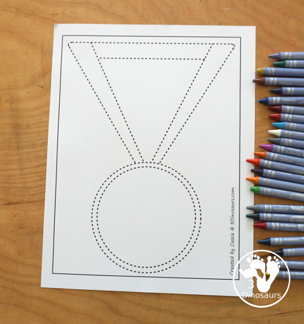 Free Medal Fine Motor Mat Printables - you have four fine motor mats with medal tracing page, medal template printable, q-tip medal page, and a medal dot marker page. Great for any theme with a medal or for the Olympics - 3Dinosaurs.com