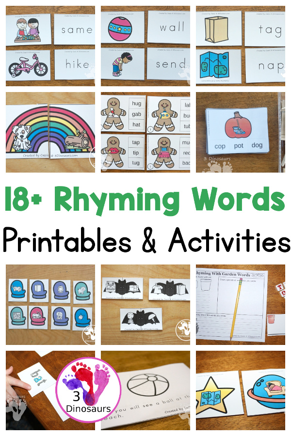 Rhyming Word Printables - with CVC, CVCC, CVCe and more with matching, writing and finding rhyming words. Easy to use rhyming word printables - 3Dinosaurs.com