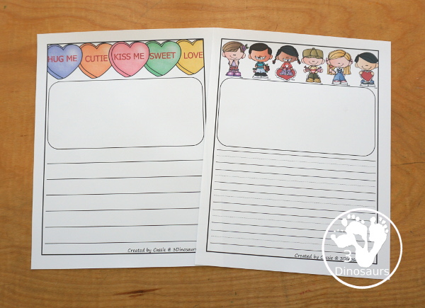 Free Valentines Writing Paper Printable - two types of writing paper. You have kids at top and conversation hearts at top. You have single line writing paper and guideline writing paper with and without drawing area. - 3Dinosaurs.com