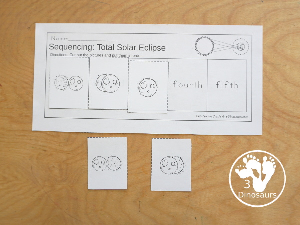 Solar Eclipse Sequencing: Partial, Annular, and Total Eclipse with writing, reading, clip cards, number order card with lots of writing and variations for the five part sequencing printables for eclipses - 3Dinosaurs.com