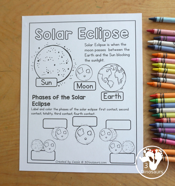 Free Solar Eclipse Coloring Pages - simple coloring pages with the Sun, Moon, Earth and the parts of a total solar eclipse. - 3Dinosaurs.com