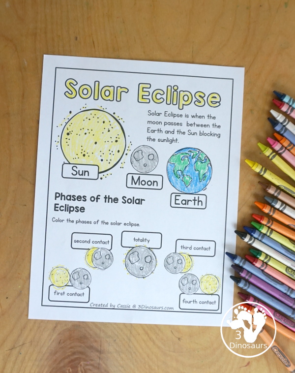 Free Solar Eclipse Coloring Pages - simple coloring pages with the Sun, Moon, Earth and the parts of a total solar eclipse - Sequencing words for the total solar eclipse there.. - 3Dinosaurs.com