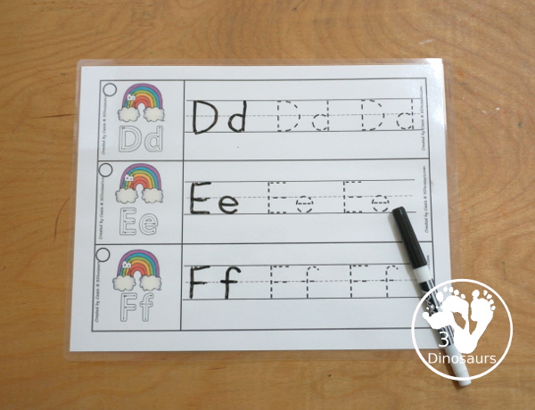 Free Rainbow ABC Tracing Strips - with uppercase and lowercase together. You have fun kids with a rainbow plus you can see an example of how to trace the letters - 3Dinosaurs.com