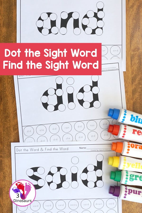 Sight Word Dot the Word Find the Word - All 220 Dolch Sight Words in a dot the sight word and then find the sight word in a no-prep printable - 3Dinosaurs.com