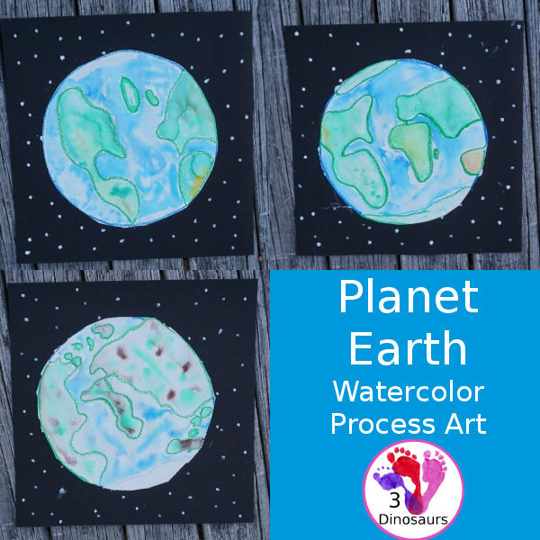 Watercolor Planet Earth Process Art - An easy and fun art project for planet Earth using watercolors and oil pastels - 3Dinosaurs.com