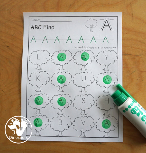 Free Tree ABC Letter Find Printables - All 26 letters of the Alphabet - with tracing and then finding the letters with uppercase option and lowercase options for kids working letters. This is great for prek and kindergarten - 3Dinosaurs.com