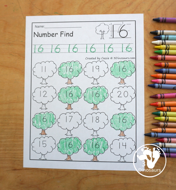 Tree Number Find Printable For Kids with numbers from 0 to 20. You trace the numbers and then find the numbers on the tree. You have number and number word for kids to use - 3Dinosaurs.com