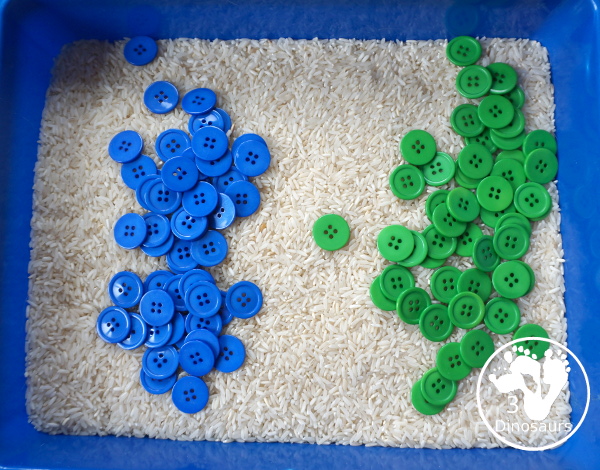 Blue & Green Button Sensory Bin for Earth Day -  you have a simple sensory bin with a rice filler with blue and green sensory bins.  - 3Dinosaurs.com