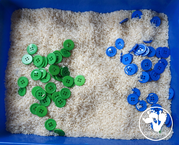 Blue & Green Button Sensory Bin for Earth Day -  you have a simple sensory bin with a rice filler with blue and green sensory bins.  - 3Dinosaurs.com