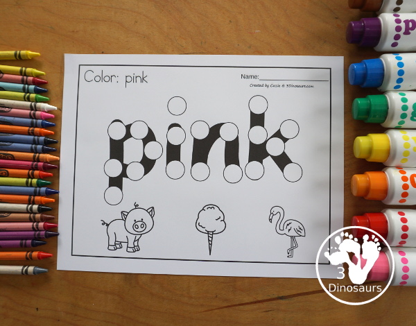 Color Dot Marker Words with Coloring Printable - a fun dot marker color word printable with three pictures that match the color below.  3Dinosaurs.com
