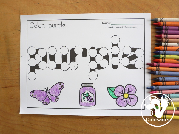 Color Dot Marker Words with Coloring Printable - a fun dot marker color word printable with three pictures that match the color below.  3Dinosaurs.com