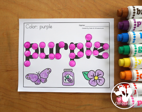Color Dot Marker Words with Coloring Printable - a fun dot marker color word printable with three pictures that match the color below.  3Dinosaurs.com