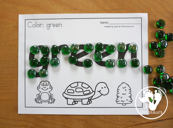 Color Dot Marker Words with Coloring Printable - a fun dot marker color word printable with three pictures that match the color below.  3Dinosaurs.com