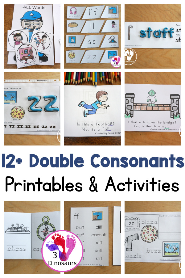 12+ Double Consonant Printables - with no-prep double consonant printables, double consonant book printables, double consonant ladders printables, double consonant playdough mat printables and more working on when you have two letters together that are the same with ff, ll, ss, and zz - 3Dinosaurs.com