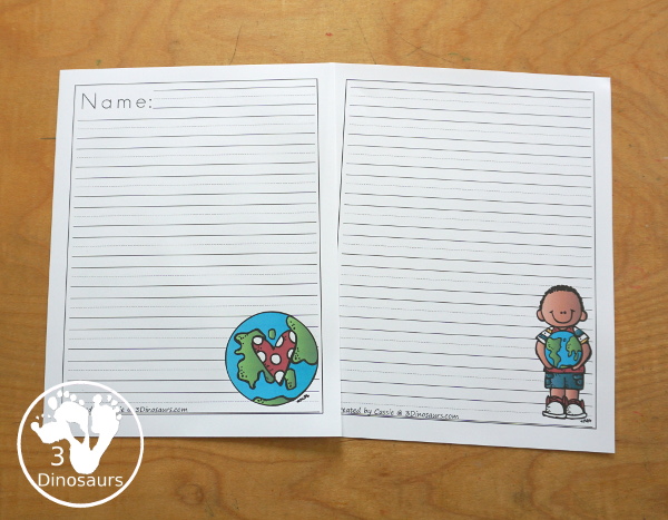 Free Earth Day  Writing Paper Printables - You have three Earth day pictures with the Earth with a heart, boy with the Earth, and a girl with a sign about Earth Day. There are a single line option and a guideline option. Perfect for Earth Day writing. 3Dinosaurs.com