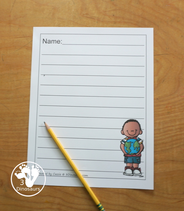 Free Earth Day Writing Paper Printables - You have three Earth day pictures with the Earth with a heart, boy with the Earth, and a girl with a sign about Earth Day. There are a single line option and a guideline option. Perfect for Earth Day writing. 3Dinosaurs.com