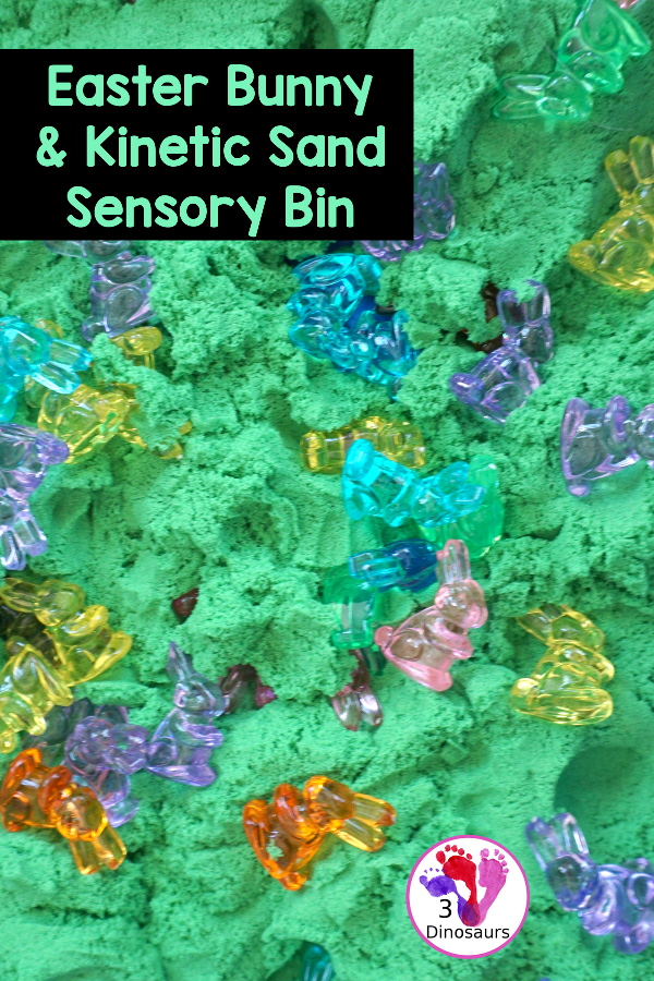 Bunny and Kinetic Sand Sensory Bin - a fun sensory bin for Easter with fun colors of bunnies in green kinetic sand. An easy to se up sensory bin for Easter and spring. - 3Dinosaurs.com