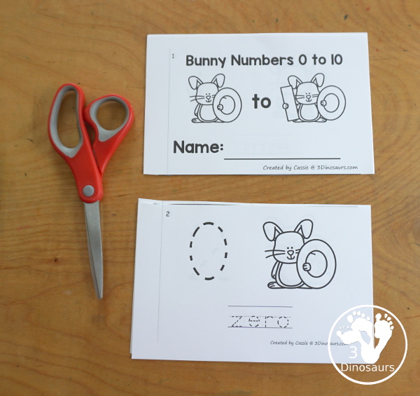 Free Easter Bunny Number Book Printables - a fun book with a bunny holding a number, numerical number to trace, and a number word to trace that matches the number the bunny is holding. 3Dinosaurs.com