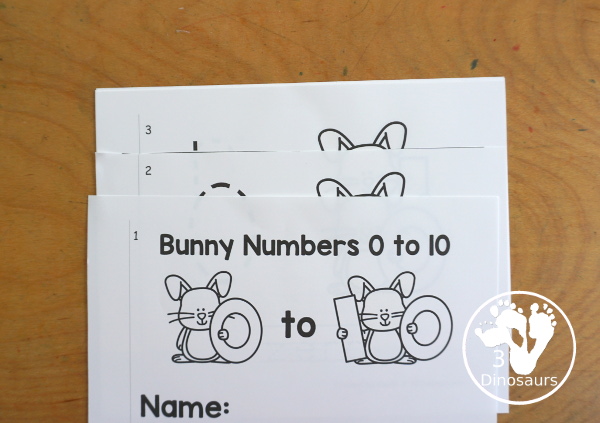 Free Easter Bunny Number Book Printables - a fun book with a bunny holding a number, numerical number to trace, and a number word to trace that matches the number the bunny is holding. 3Dinosaurs.com