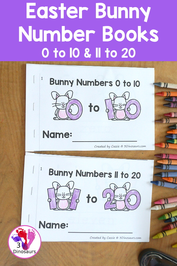 Free Easter Bunny Number Book Printables - a fun book with a bunny holding a number, numerical number to trace, and a number word to trace that matches the number the bunny is holding. 3Dinosaurs.com