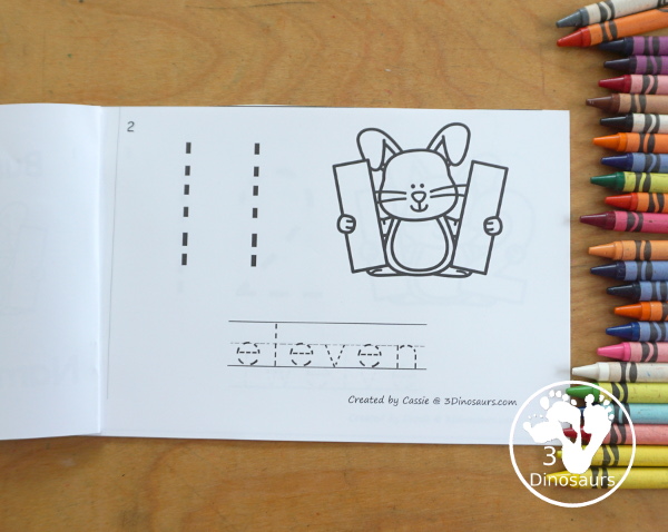 Free Easter Bunny Number Book Printables - a fun book with a bunny holding a number, numerical number to trace, and a number word to trace that matches the number the bunny is holding. 3Dinosaurs.com