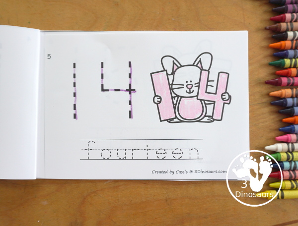 Free Easter Bunny Number Book Printables - a fun book with a bunny holding a number, numerical number to trace, and a number word to trace that matches the number the bunny is holding. 3Dinosaurs.com