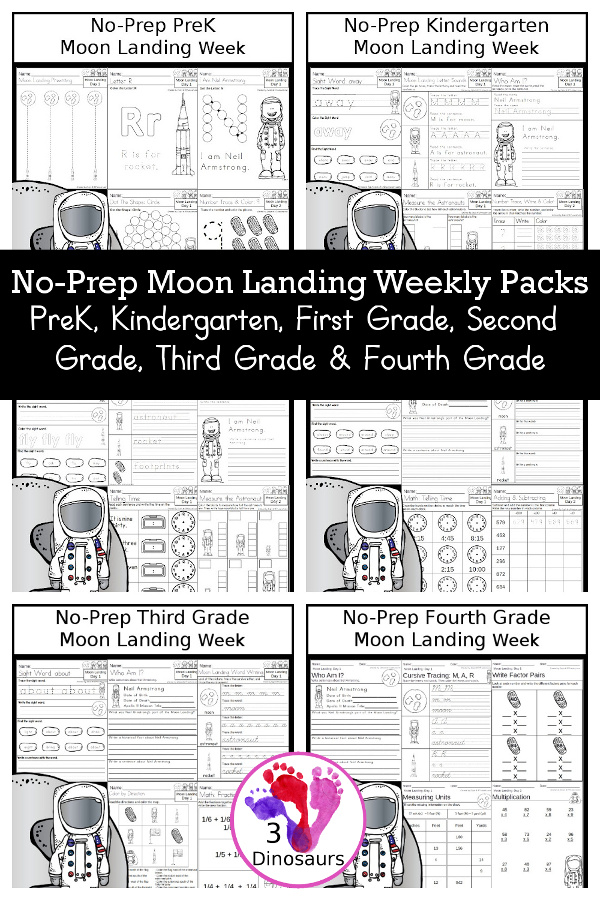No-Prep Moon Landing Weekly Packs PreK, Kindergarten, First Grade, Second Grade, Third Grade & Fourth Grade with 5 days of activities to do for each grade level with tree words - You will find a mix of math, language, and more - These are easy to use packs for homework and morning work. Easy no-prep printables for kids with four pages for each day.  - 3Dinosaurs.com