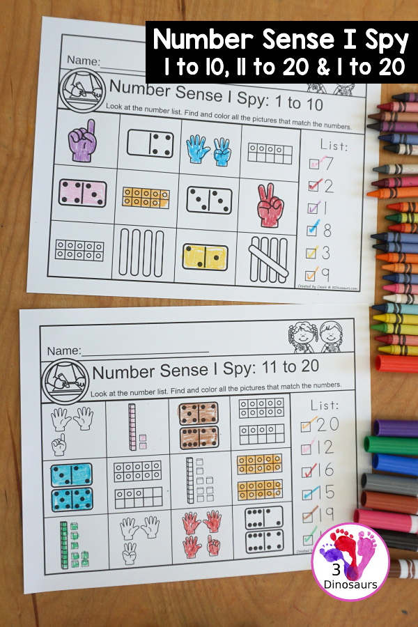 Number Sense I Spy Printable - A fun number worksheet that works on seeing a number and finding the matching items that count to that number with hands, ten frames, tally marks and more - 3Dinosaurs.com