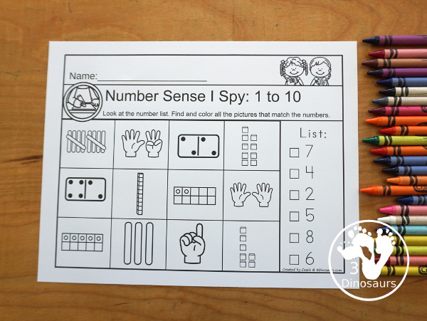 Number Sense I Spy Printable - A fun number worksheet that works on seeing a number and finding the matching items that count to that number with hands, ten frames, tally marks and more - 3Dinosaurs.com