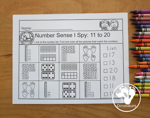 Number Sense I Spy Printable - A fun number worksheet that works on seeing a number and finding the matching items that count to that number with hands, ten frames, tally marks and more - 3Dinosaurs.com