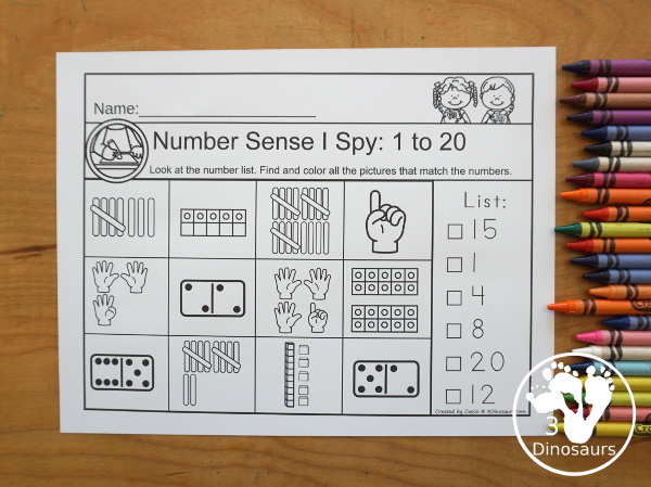 Number Sense I Spy Printable - A fun number worksheet that works on seeing a number and finding the matching items that count to that number with hands, ten frames, tally marks and more - 3Dinosaurs.com
